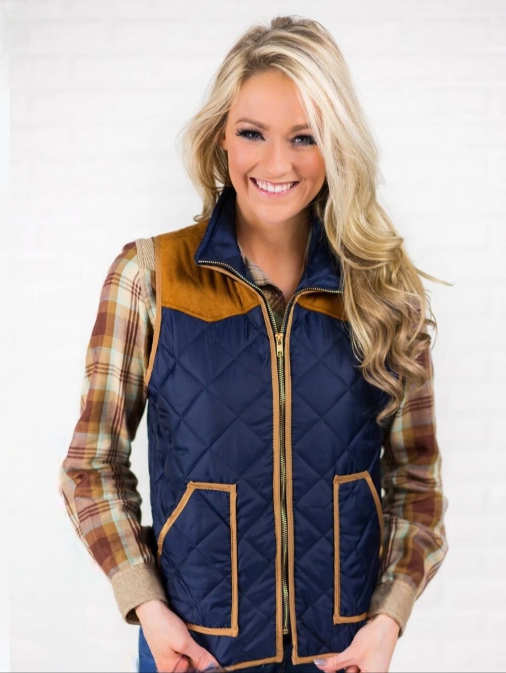 NWOT Wanna B Quilted Navy/Brown Vest